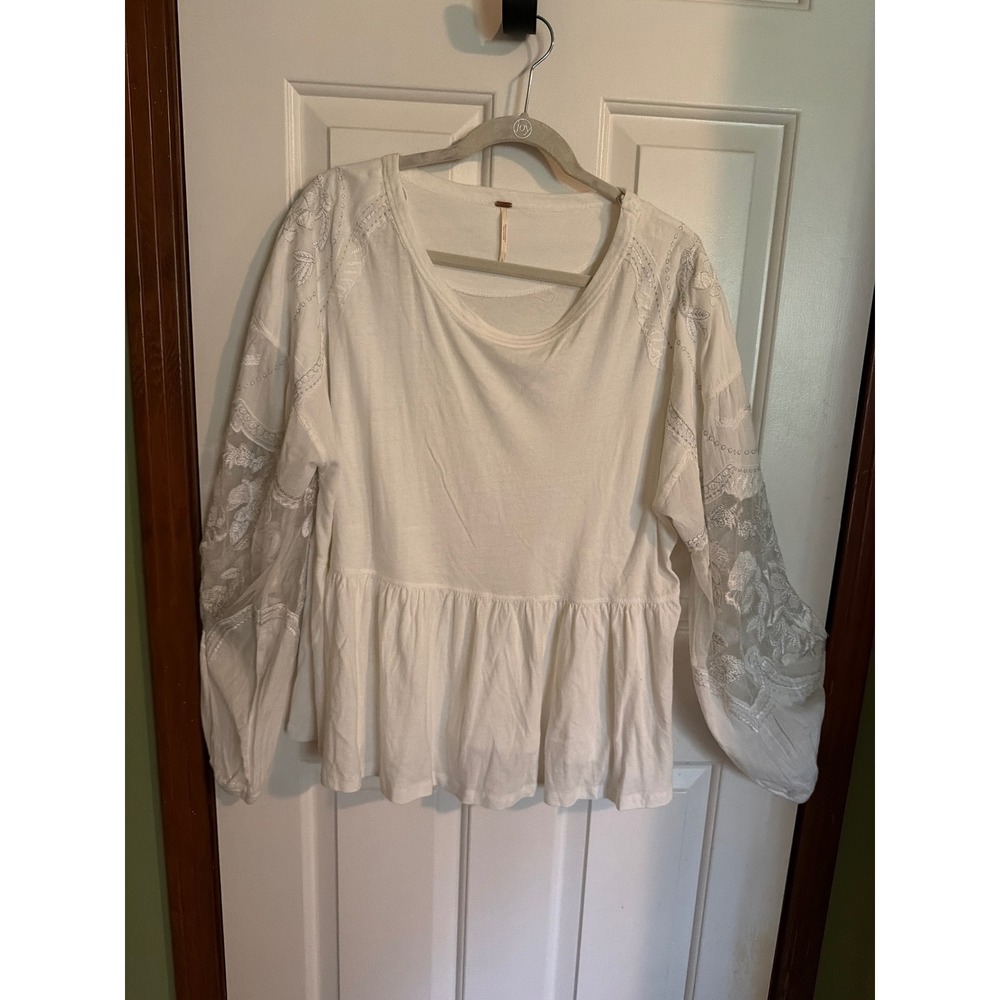 Free People White Embroidered Lace Mesh Peplum Top Long Sleeve Cotton Large